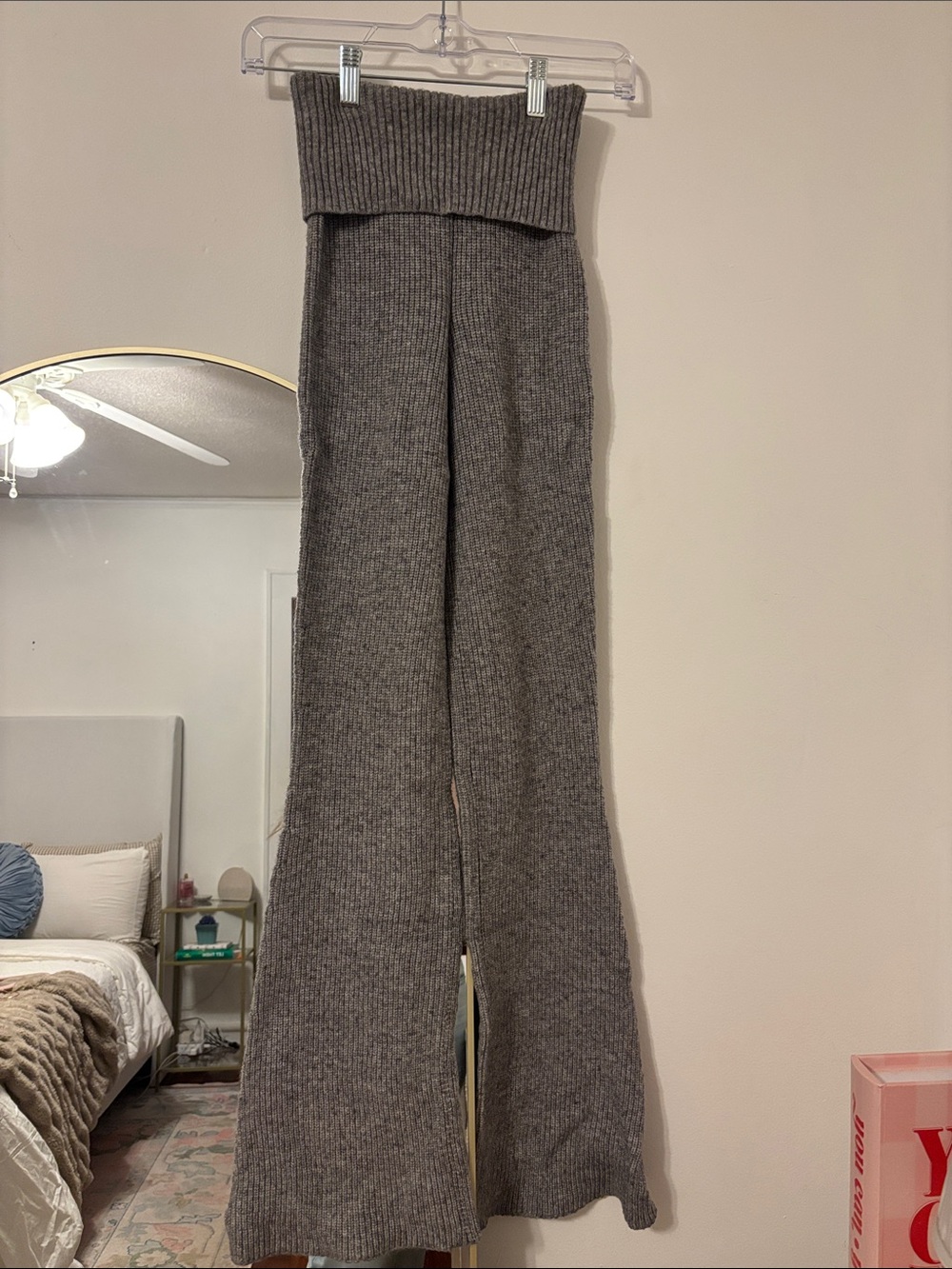 Sincerely Jules Ribbed Fold-Over High Waist Wide-Leg Pants in Gray